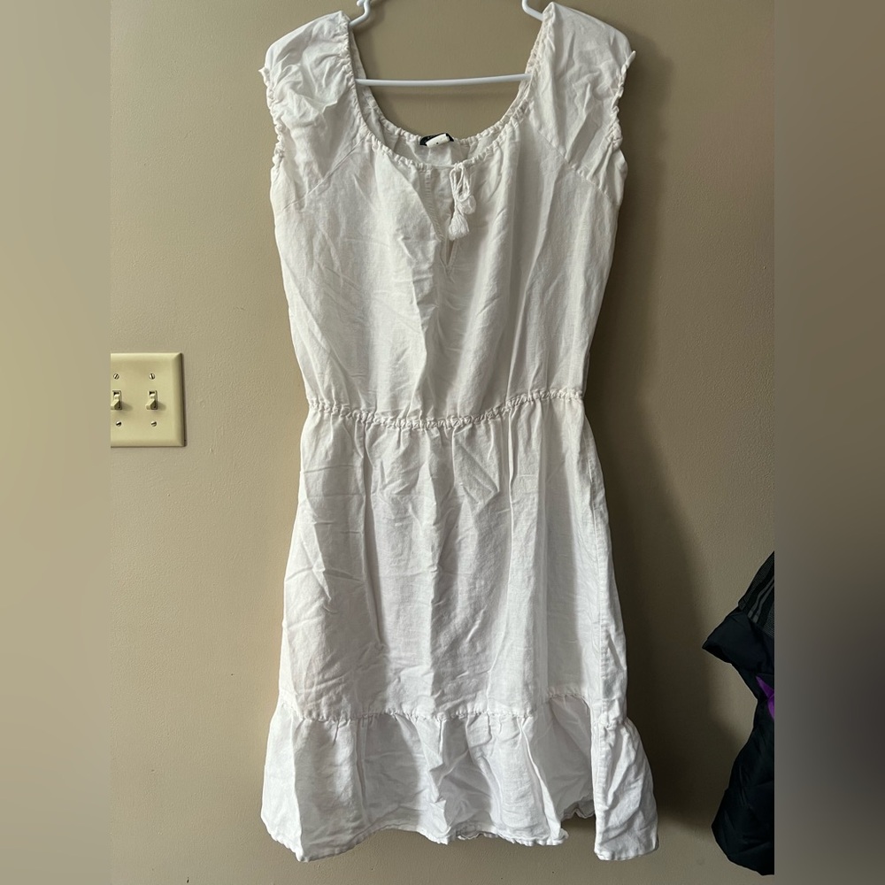 j Crew sz M white linen blend peasant style dress with tie neck and elastic neck